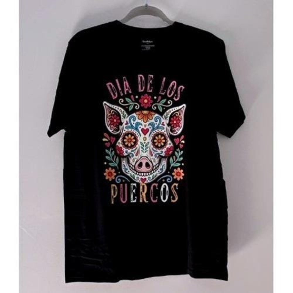 Wild Harmony Dia De Los Puercos Sugar Skull Pig Graphic Tee Black XL